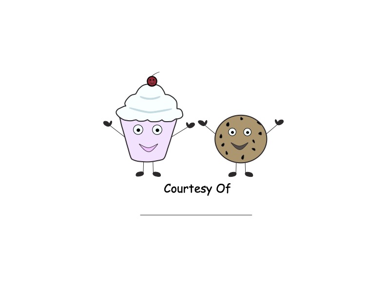 Pink cupcake with white frosting and smiling cherry on top has arms, legs, and smiling face stands next to chocolate chip cookie with arms, legs, and smiling face