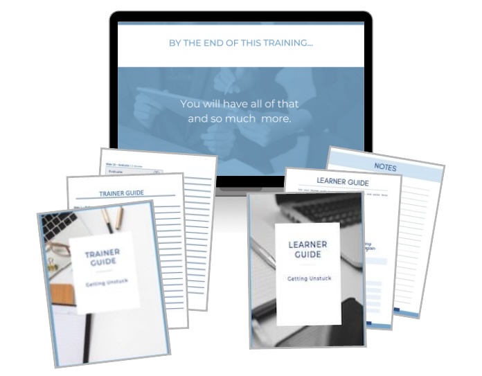 Laptop and six pages of paper with images of training