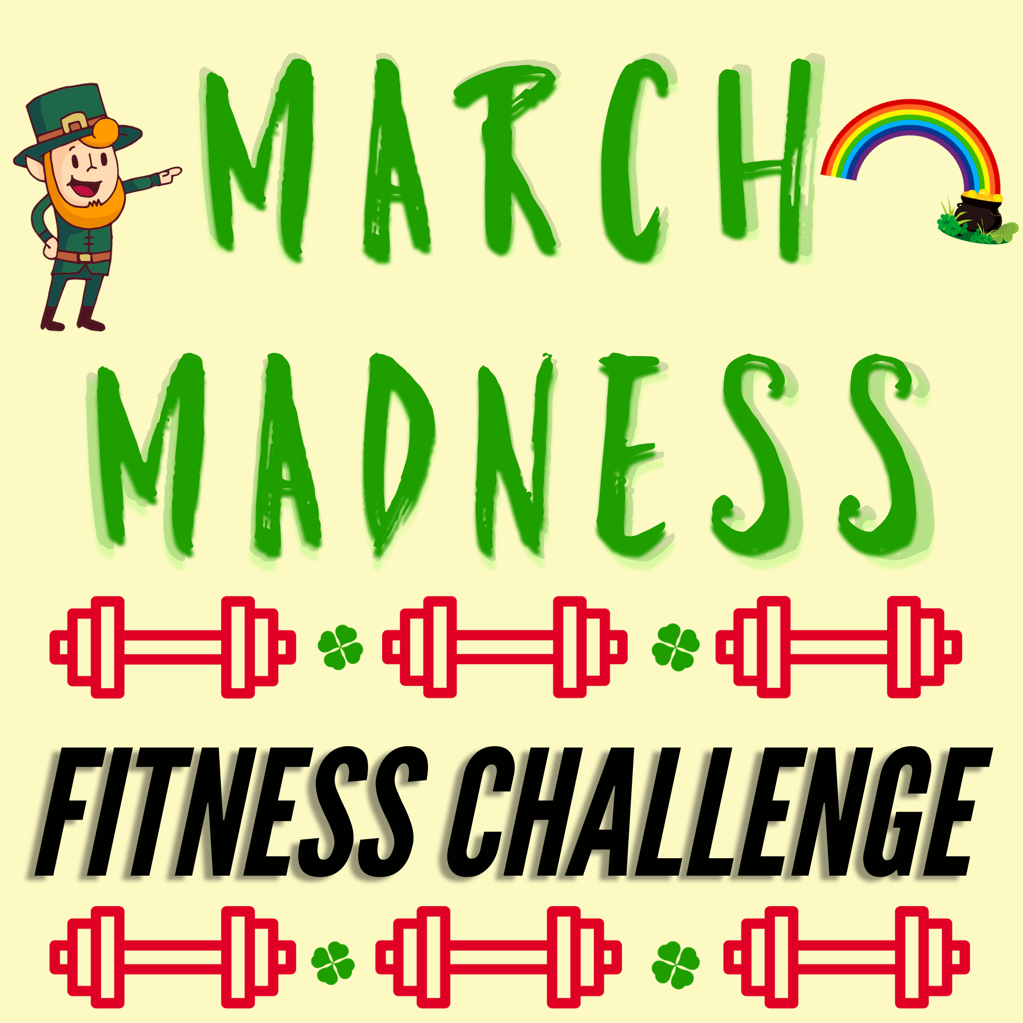 Leprechaun, rainbow, four leaf clovers, and red weights on yellow background