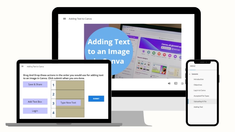 Desktop Laptop and Phone featuring lesson