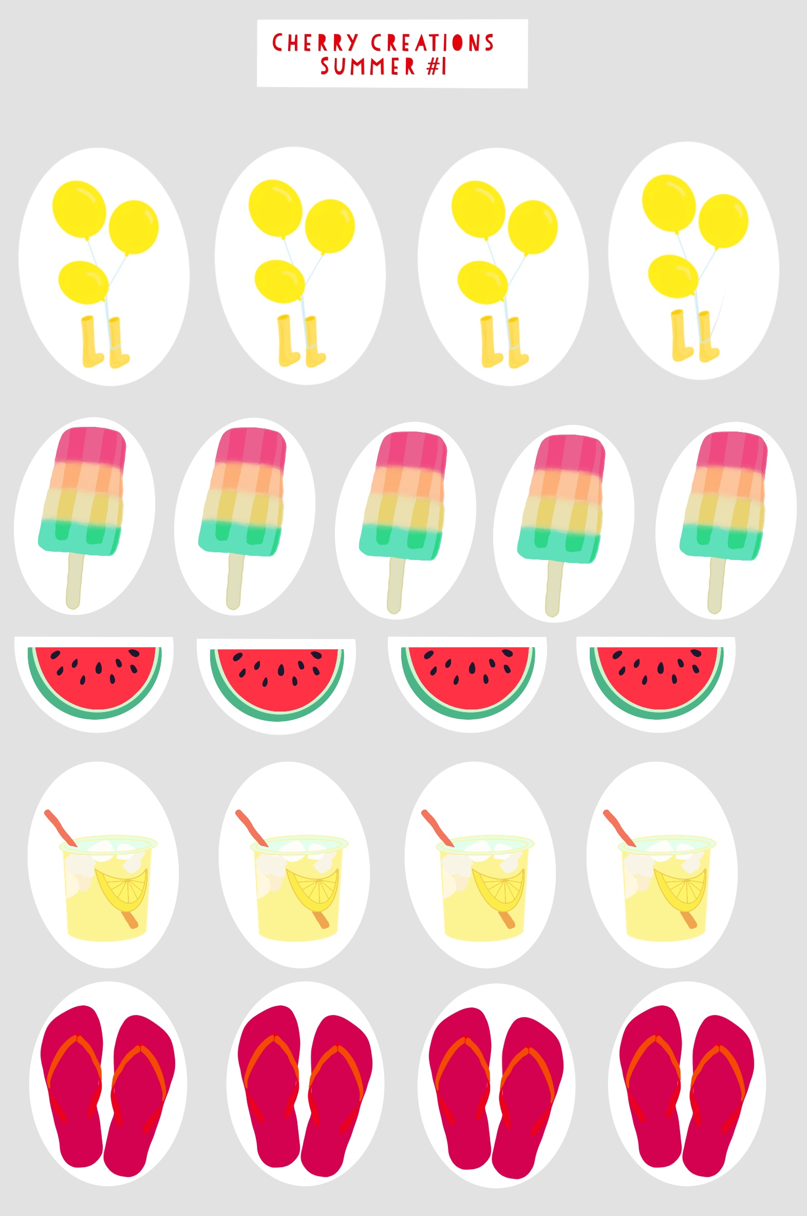 Yellow rainboots and balloons, Red orange yellow and green popscicles, Watermelon slices, Cup of lemonade with red straw, Red flip flops