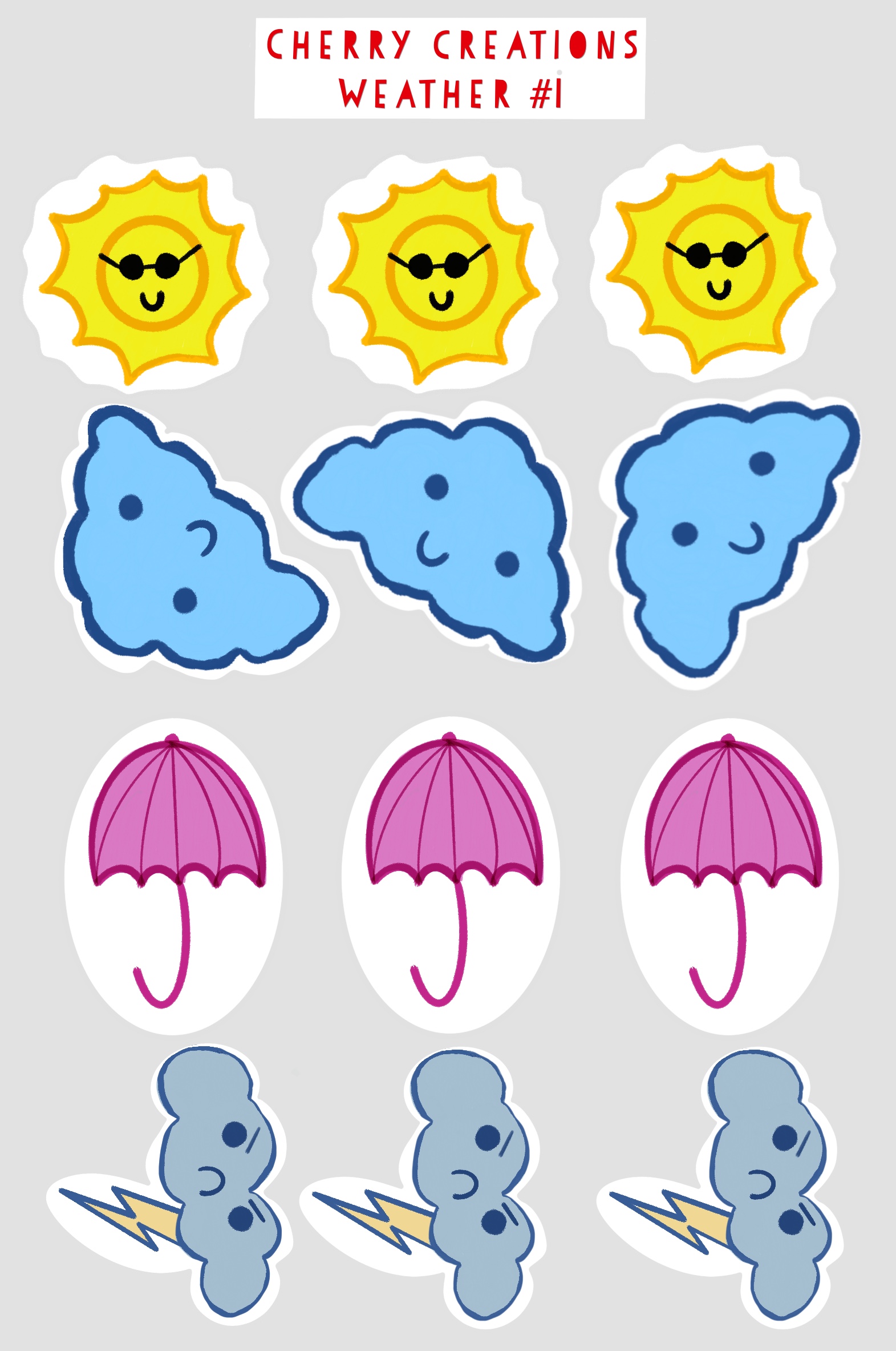 Yellow sun wearing black sunglasses, Blue clouds with smiling face, Pink umbrella, Grey cloud with angry face and yellow lightning